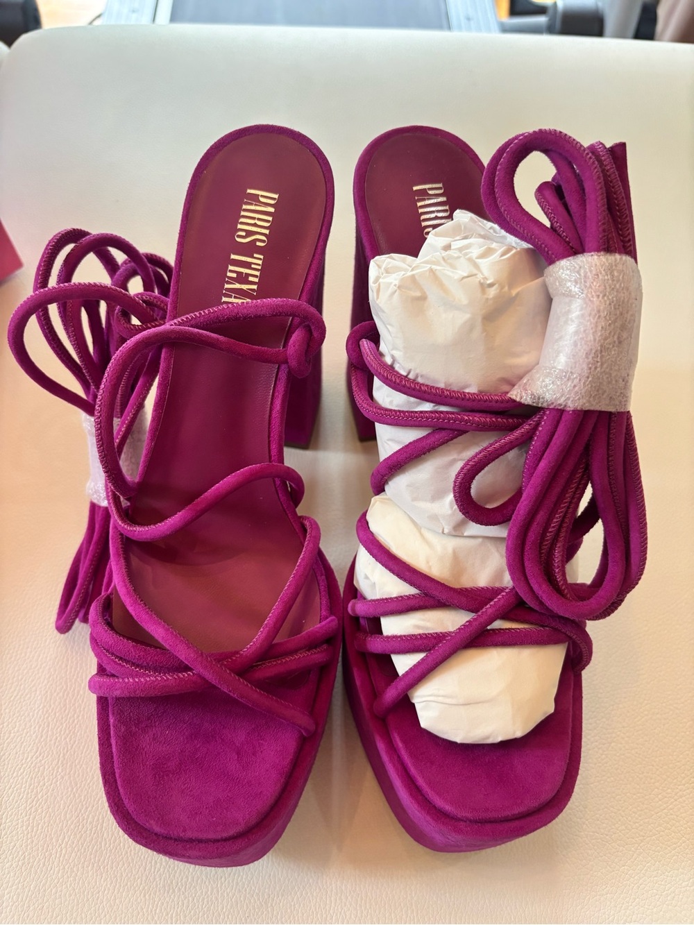 Paris Texas Magenta Suede Wrap Lace Block Heel Sandals